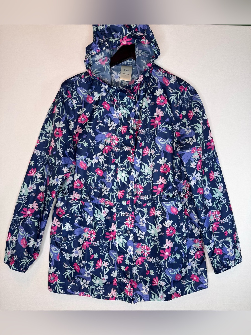 Blair Floral Hooded Rain Jacket sz M adjustable waist lightweight blue pink